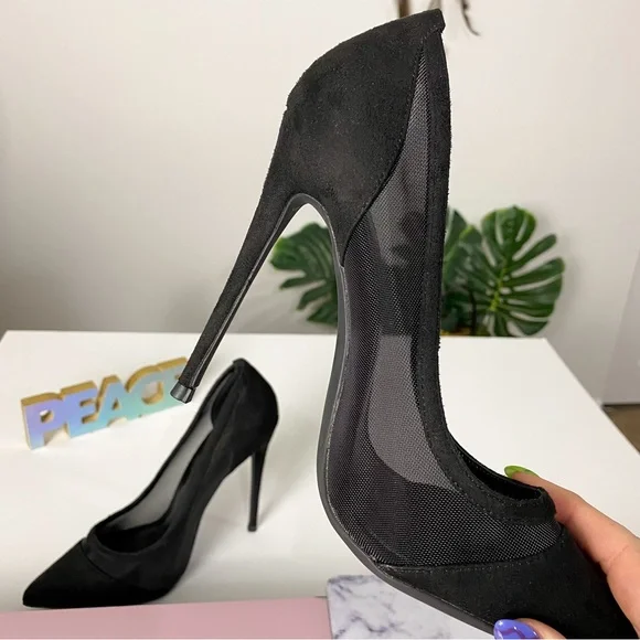 Boutique Mesh & Faux Suede Black Stiletto Heels Size 7 - Picture 7 of 7